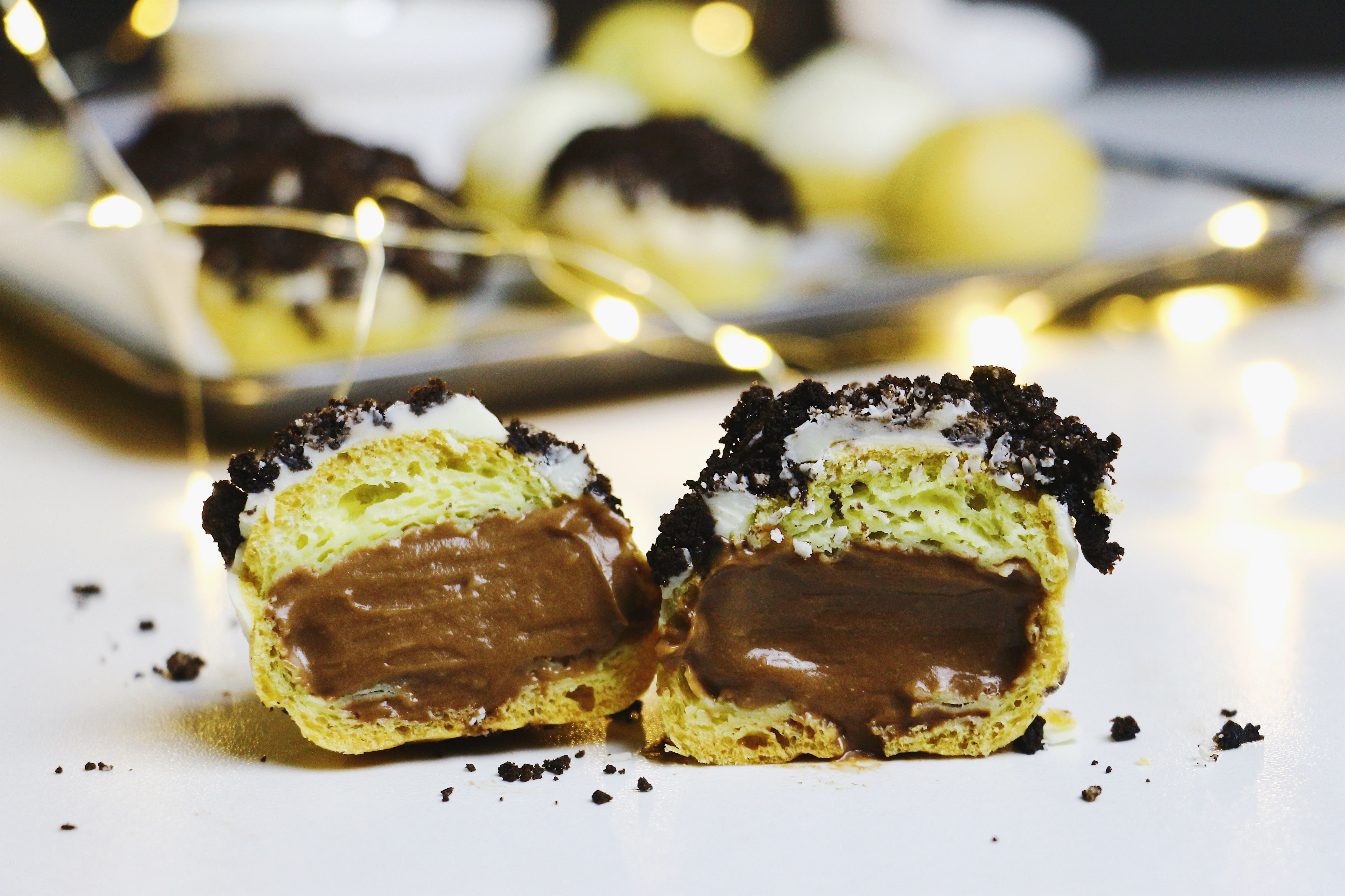 Cookies n' Scream | Dark Choc Cream Puffs w/ White Choc & Oreo Topping (~20 puffs)