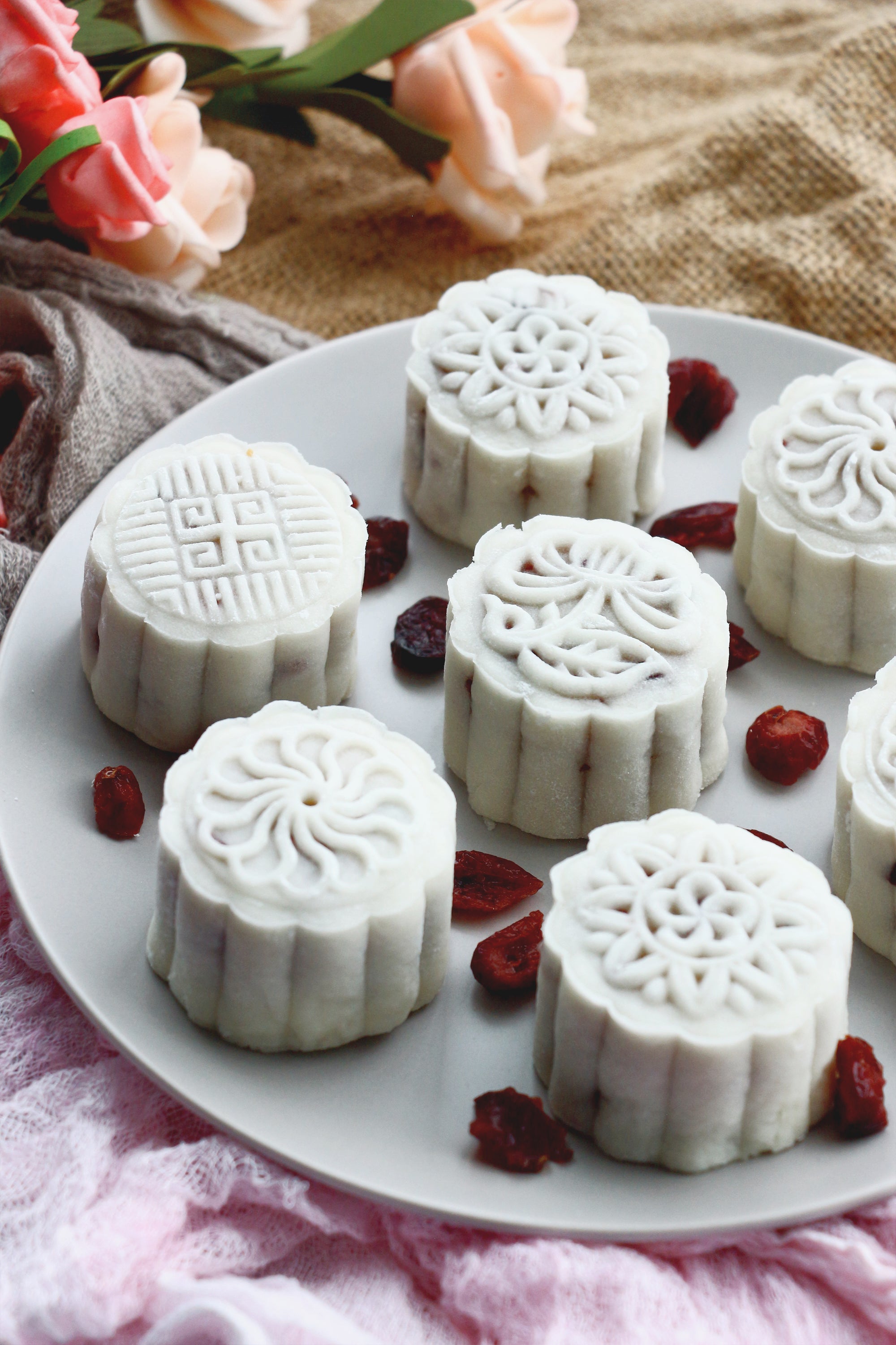 Moonlit Harmony | Makes ~32x No-Bake Snowskin Mooncakes | Sweet Potato, Black Pepper, Salt, White Sesame, Black Sesame | Lychee, Matcha, Cranberry |
