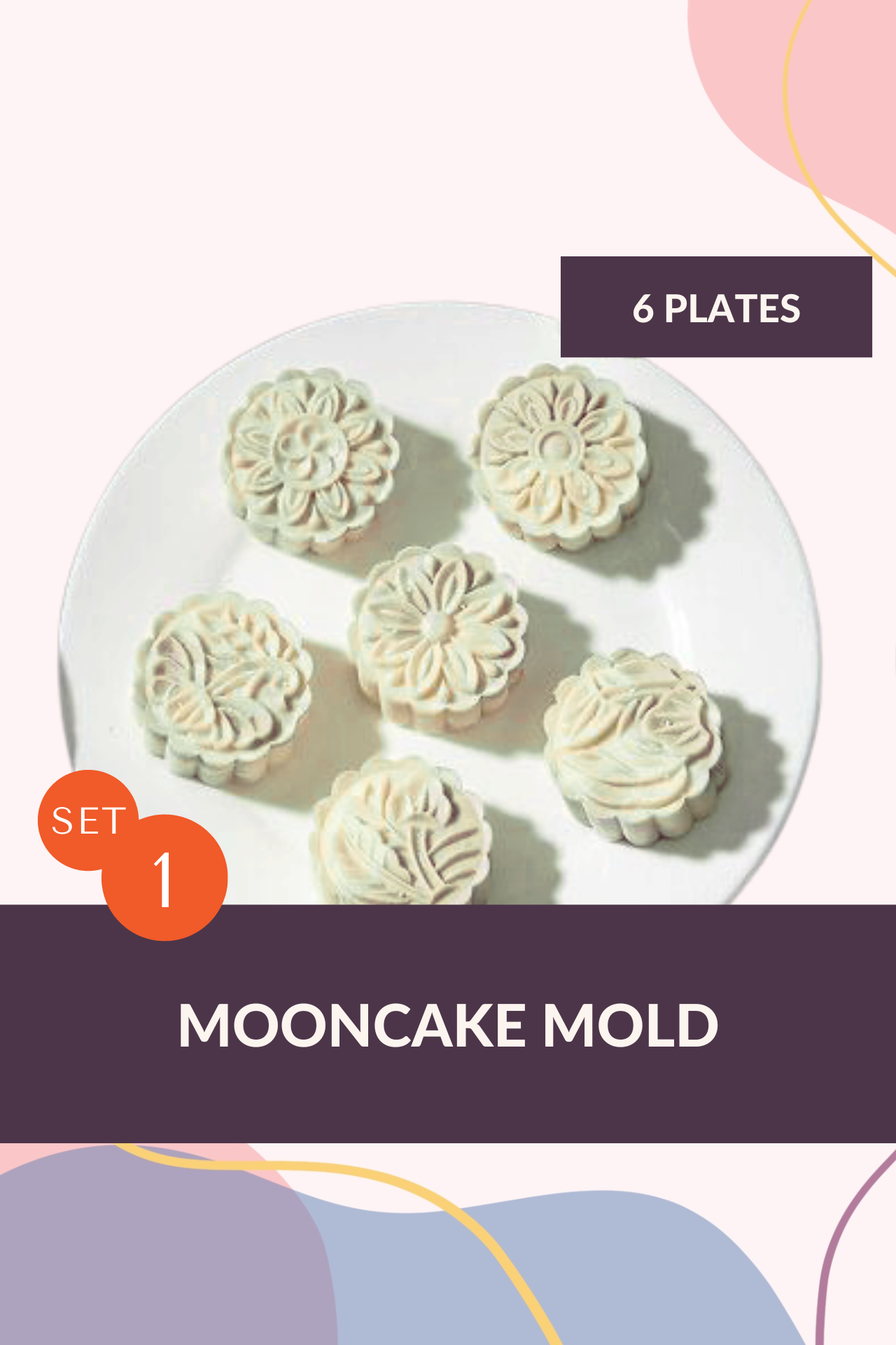 Mooncake Mold, Assorted-6 plates (50g–60g, 6 Designs)