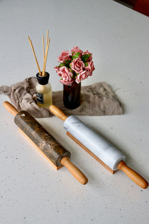 Marbled Coffee Rolling Pin with Solid Wood Handle [Regular-sized]