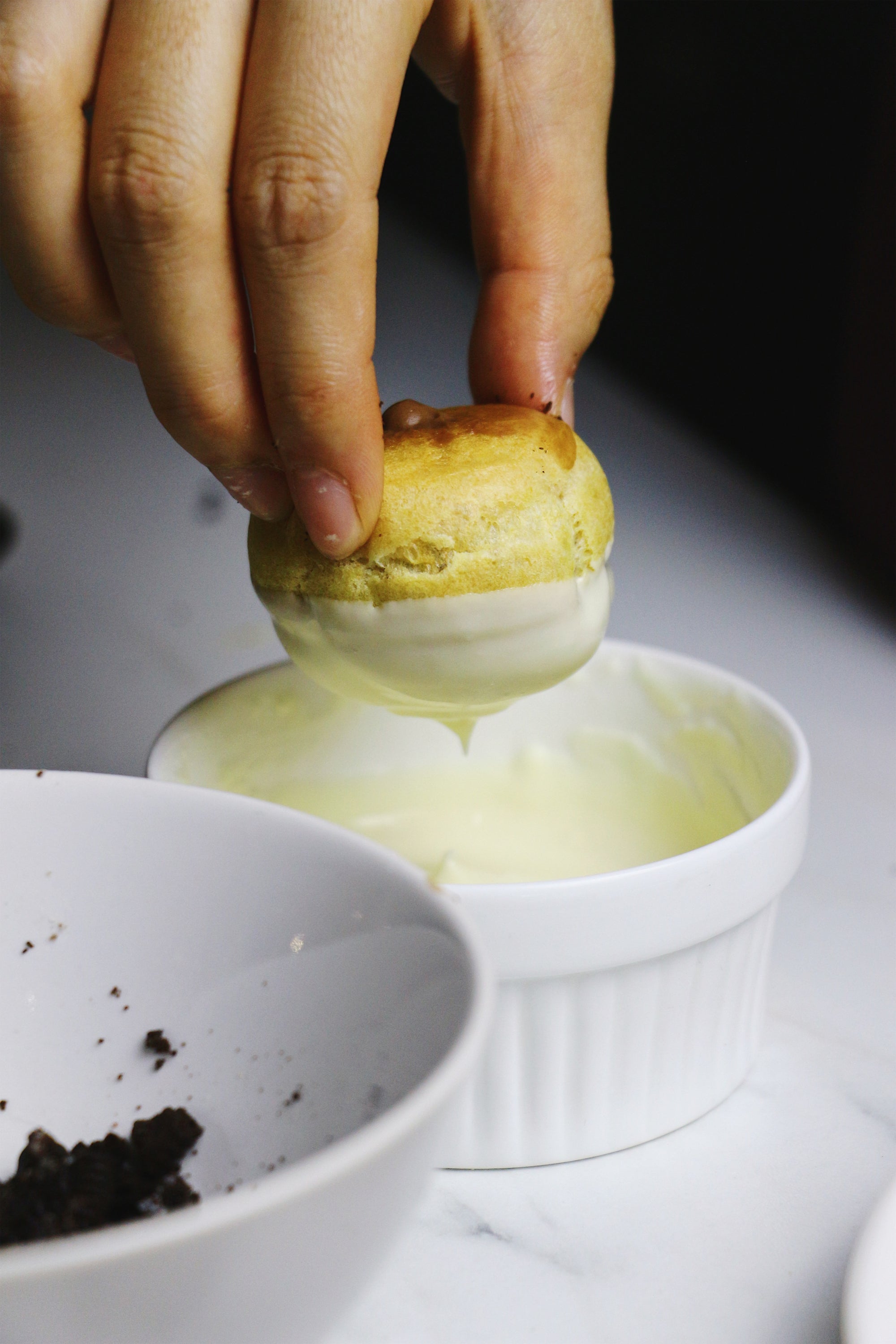 Cookies n' Scream | Dark Choc Cream Puffs w/ White Choc & Oreo Topping (~20 puffs)