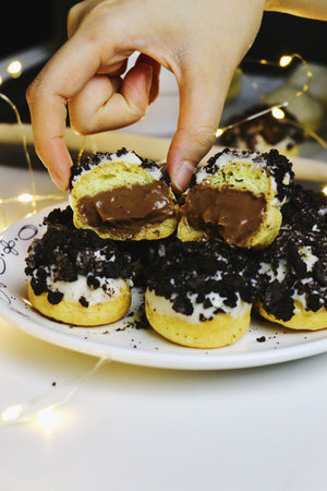 Cookies n' Scream | Dark Choc Cream Puffs w/ White Choc & Oreo Topping (~20 puffs)