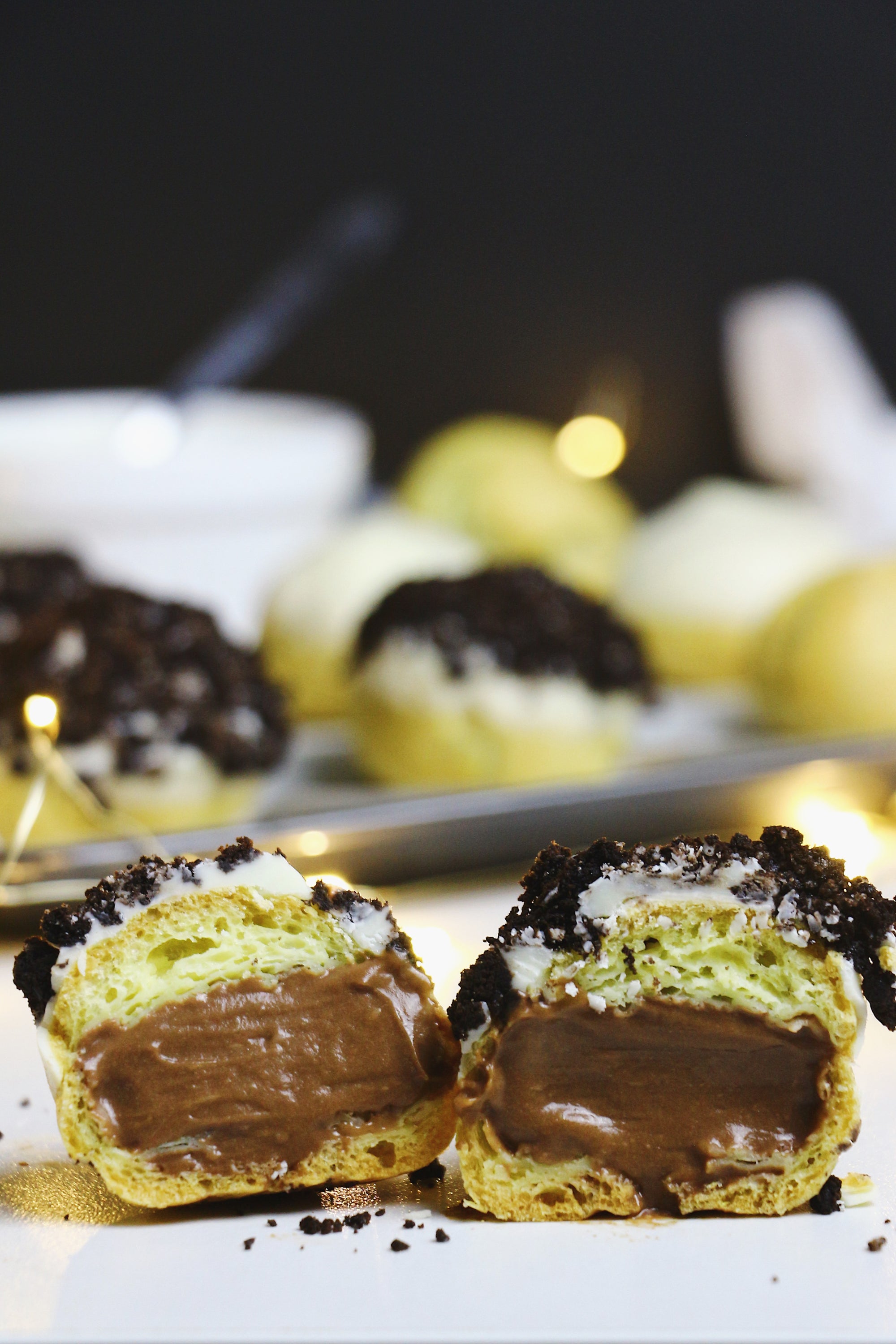 Cookies n' Scream | Dark Choc Cream Puffs w/ White Choc & Oreo Topping (~20 puffs)