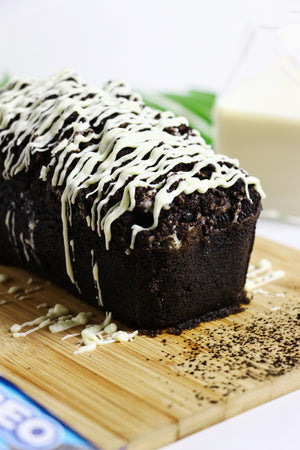Midnight Madness | Black Cocoa Loaf Cakes w/ Oreo Crunch & White Chocolate Drizzle (makes 2x loaves)
